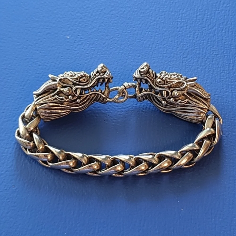 Vintage Silver Double Dragon Head Wheat Link Chain Bracelet Unisex Jewelry